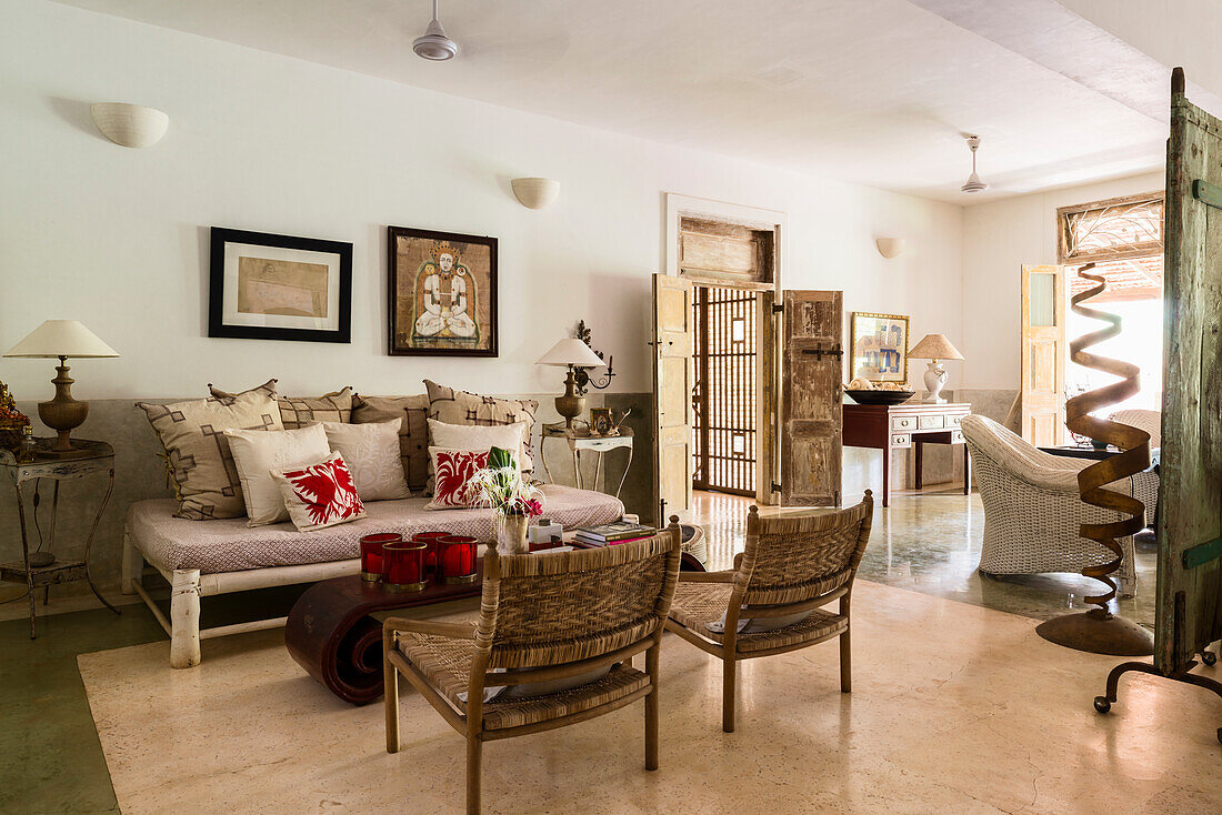 Living room with rattan furniture and traditional elements