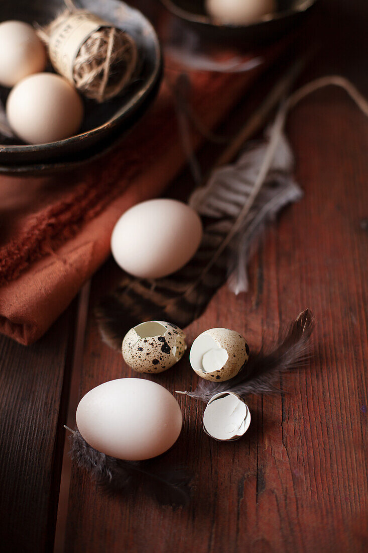 Eier, Wachteleier und Feder auf Holztisch