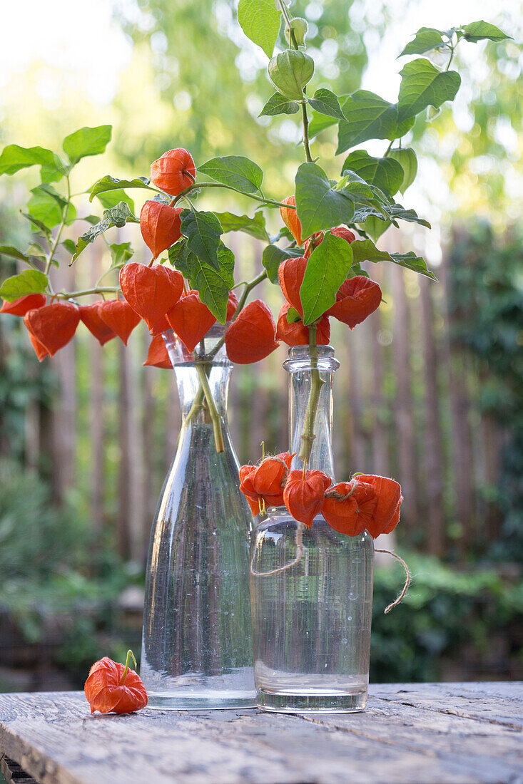 Chinese lanterns in old water jugs with a wreath of Chinese lanterns