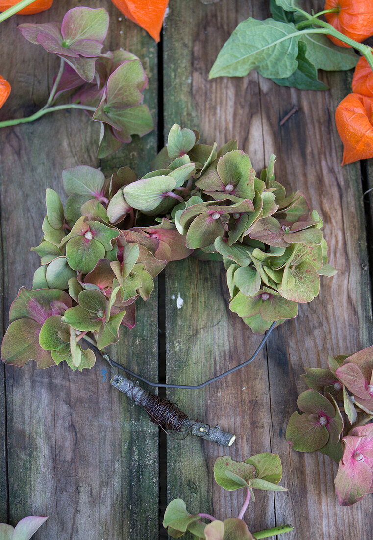 Kranz aus Hortensienblüten binden