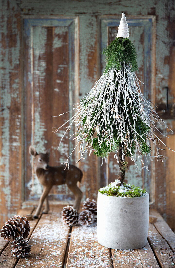 Miniature Christmas tree with snow effect in concrete pot, cones and deer figure