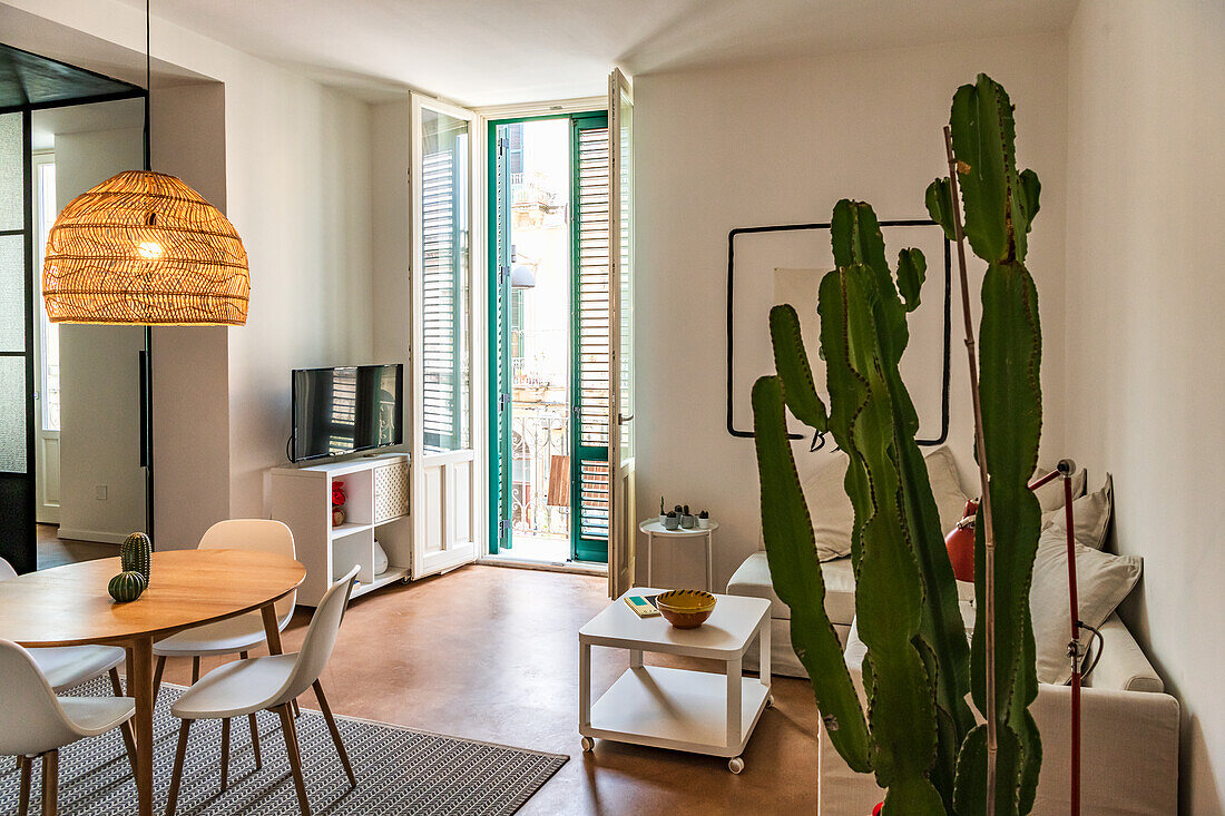 Offener Wohnraum mit Balkontür, im Vordergrund Kaktus