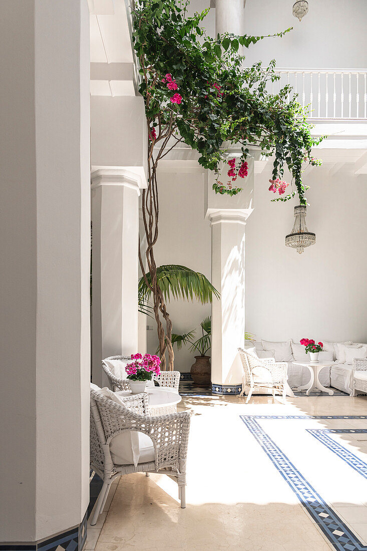 Bright patio with rattan furniture and flowering plants