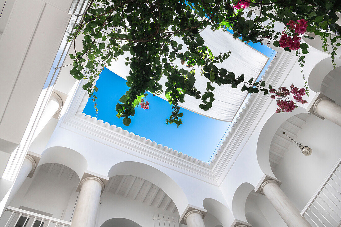 Innenhof mit Bougainvillea und offenem Dach