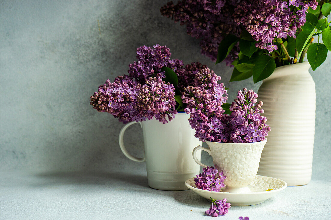 Purple lilac bouquets in cups and vases