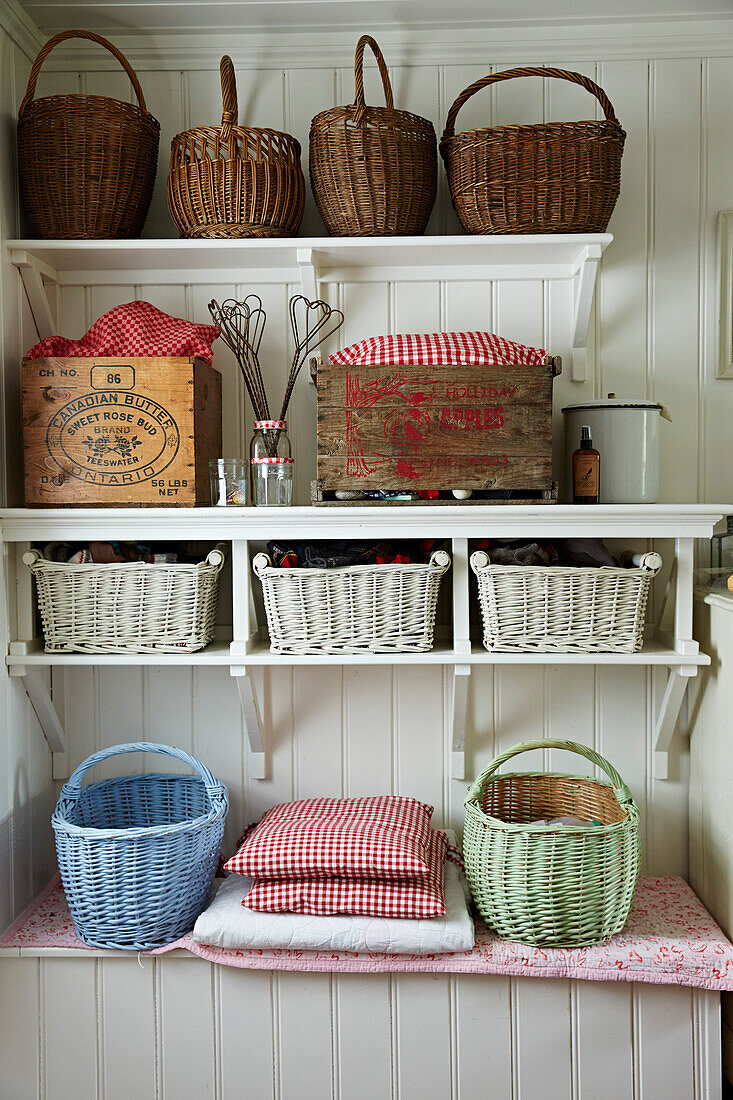 Various wicker baskets on shelves