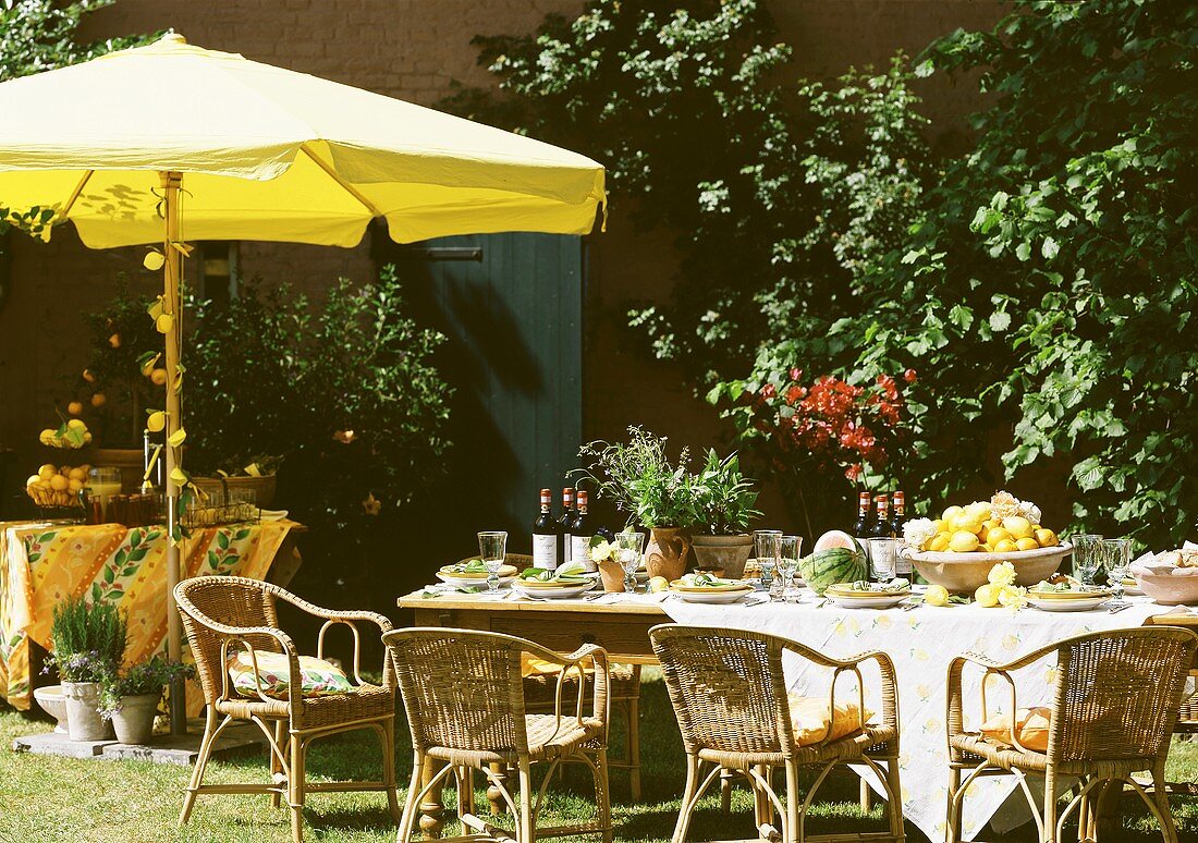 Gedecker Tisch im Garten fürs Sommerfest