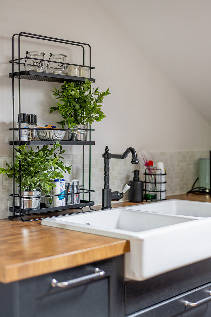 Double sink and metal shelf with kitchen utensils and plants