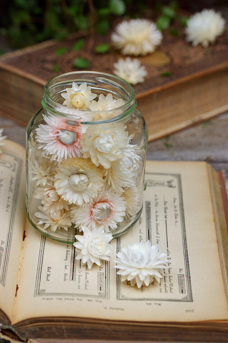 Everlasting flowers in glass jar on old book