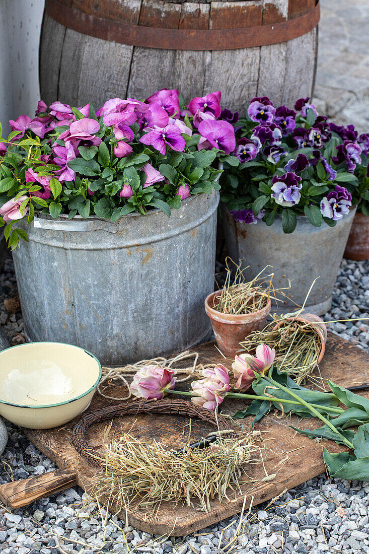 Arrangement of pansies and horned violets and accessories for tulip wreath