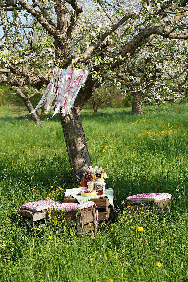 DIY mobile made from fabric remnants hanging on blossoming apple tree above picnic with wooden crates