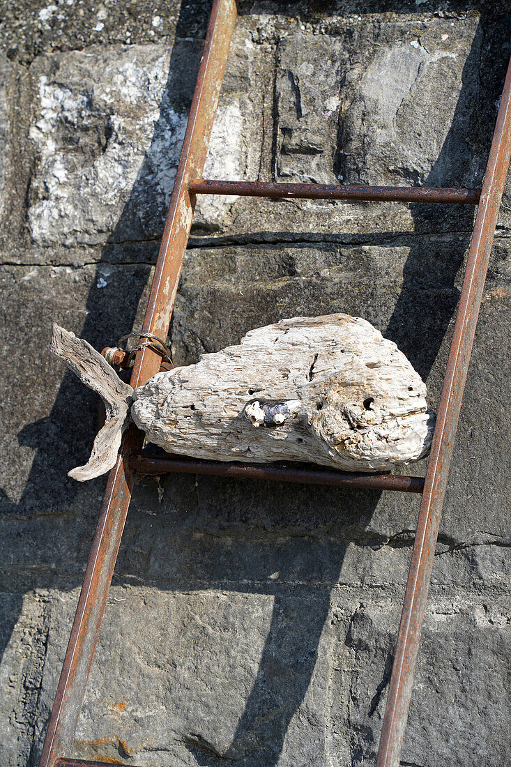 Decorative fish made from driftwood on a metal ladder on a stone wall