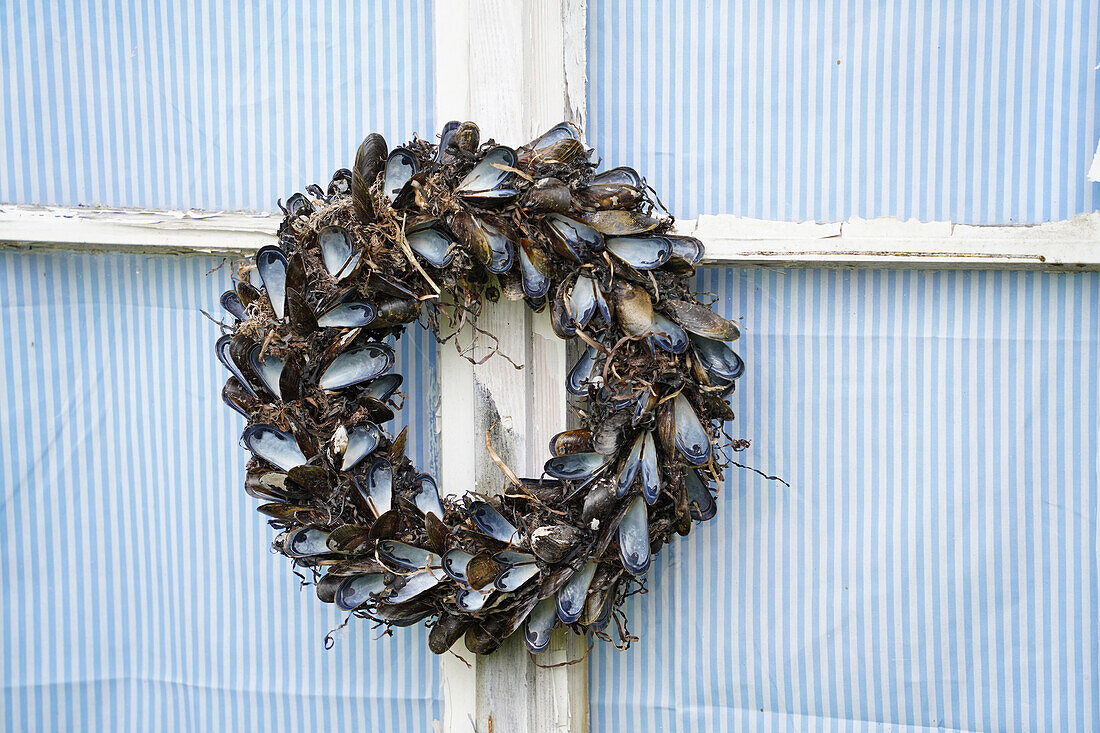 Wreath made from mussel shells on a weathered window