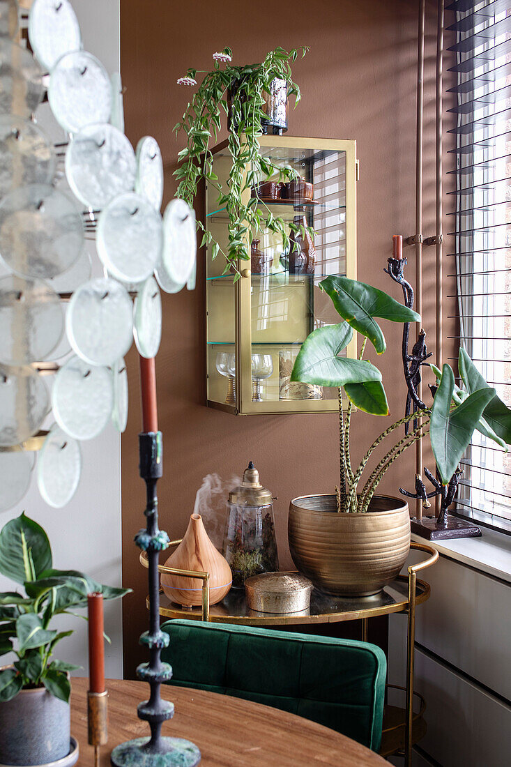 Corner of a living room with gold-colored wall shelf, indoor plants and room humidifier