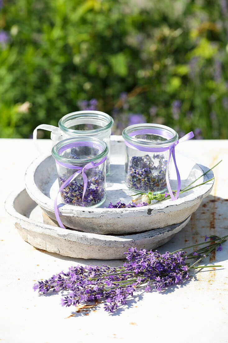 Lavendelblüten in Einmachgläsern auf Keramikschalen auf einem Tisch im sommerlichen Garten