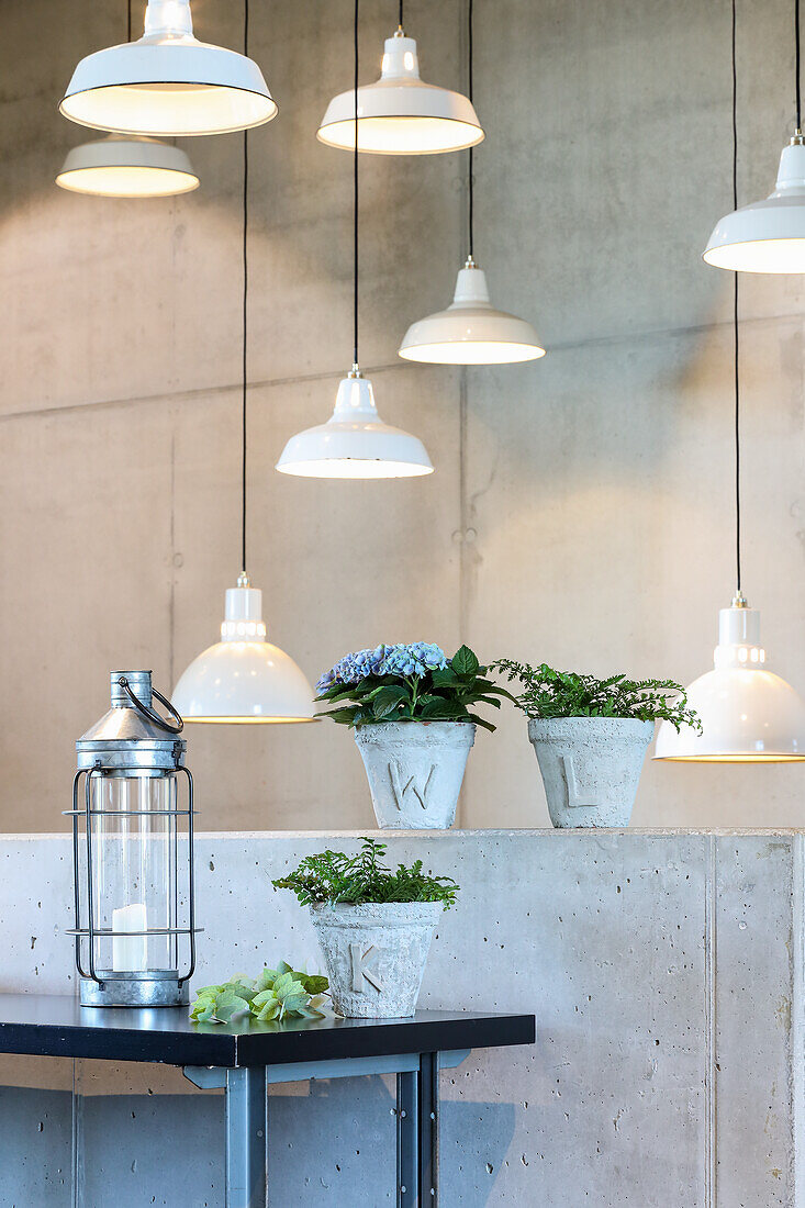 Hanging white lamps over concrete wall with plants in pots and lantern