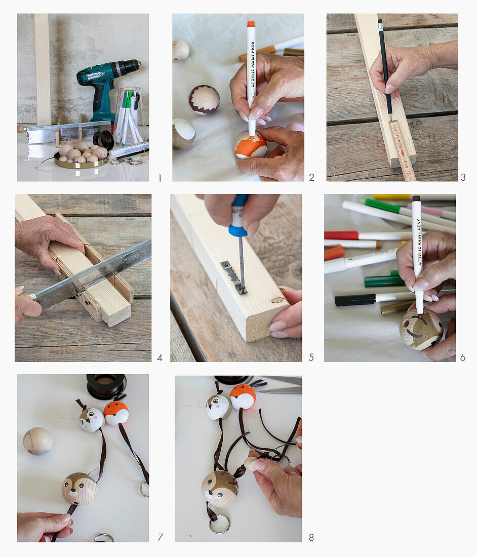 DIY instructions for making wooden balls and wire figurine key rings