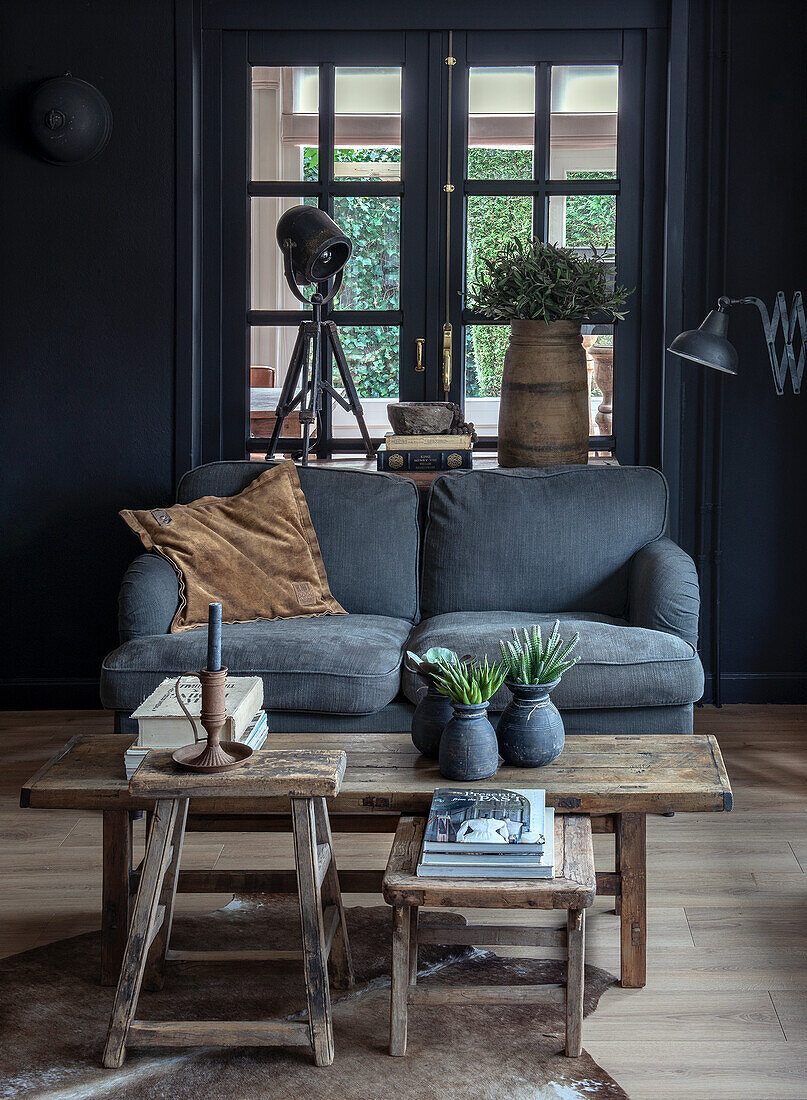 Living room with grey sofa, rustic wooden table and indoor plants