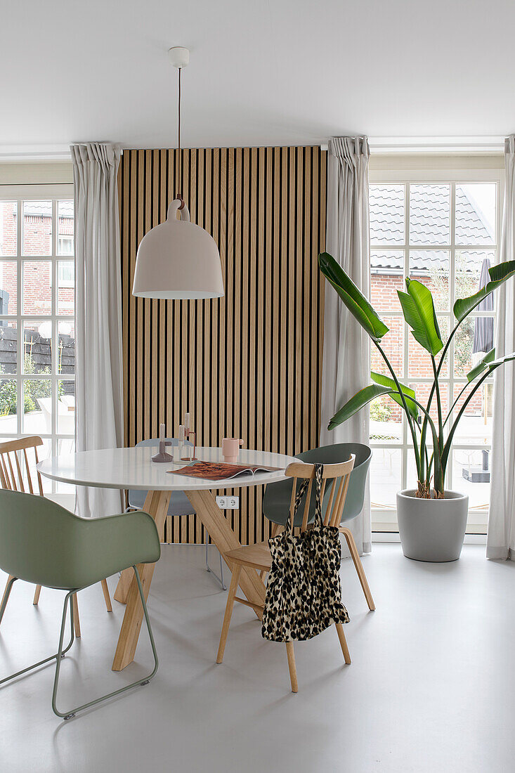 Round dining table with various chairs and large houseplant next to louvre wall