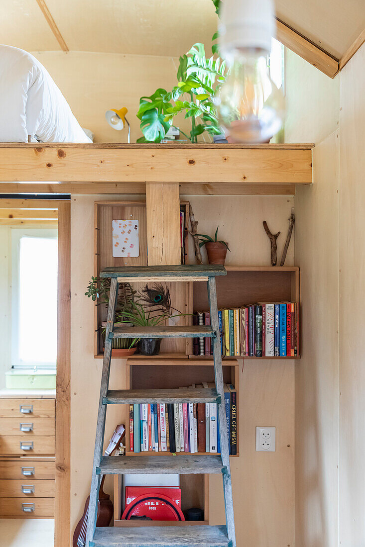 Loft bed with ladder, bookshelf and plants in a Tiny House