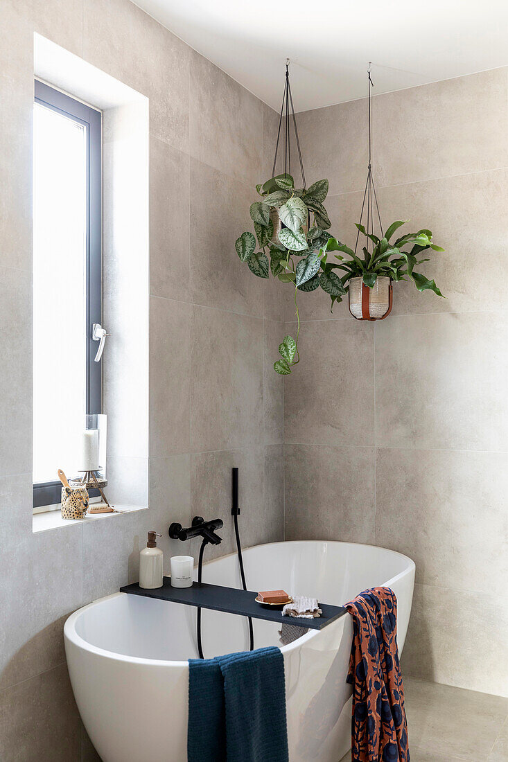 Freestanding bathtub with hanging plants and coloured towels in modern bathroom