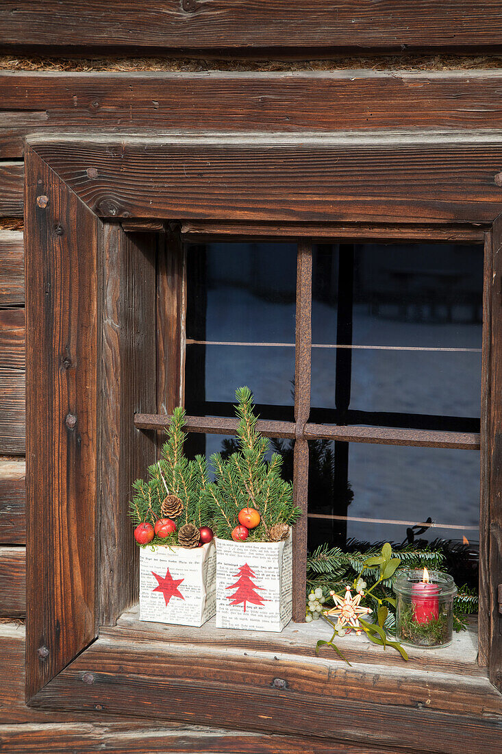 Weihnachtlich dekoriertes Fenster mit Tannenbäumchen-Deko und Kerze