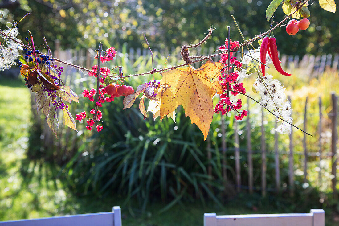 Decorative autumn garland with colourful berries, leaves and rose hips in the garden