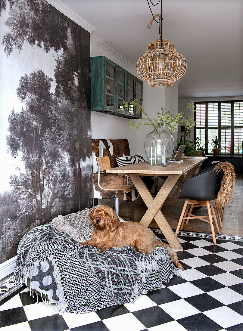 Dining area with chequered tiled floor, wooden table and hanging lamps, dog basket with dog in the foreground