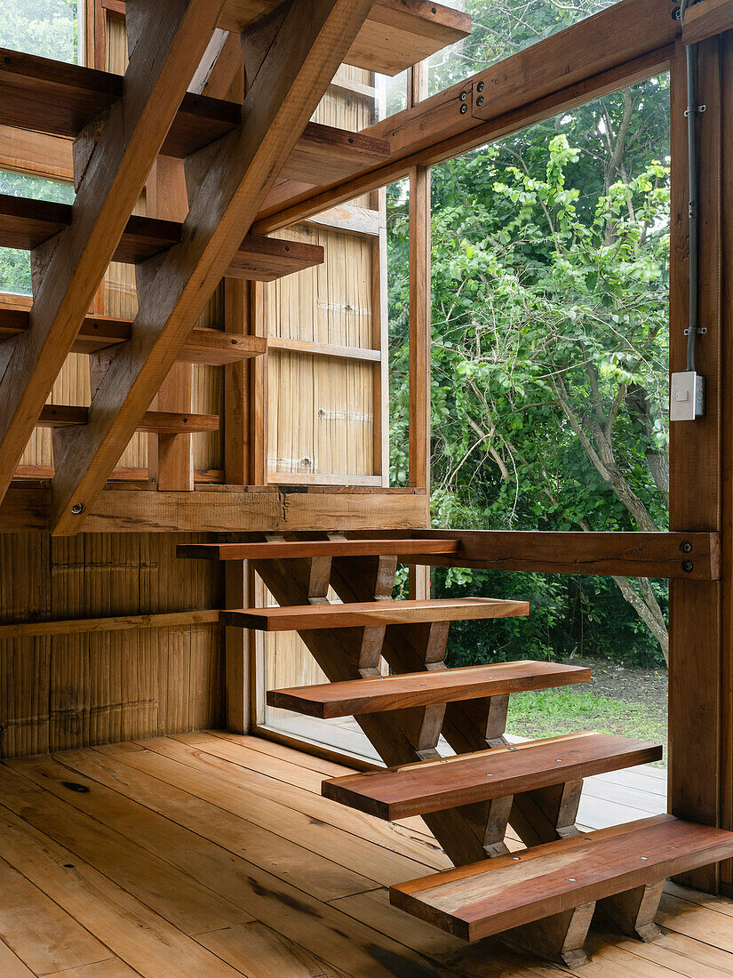 Open wooden staircase and view of the greenery, Casa Don Juan, Ecuador