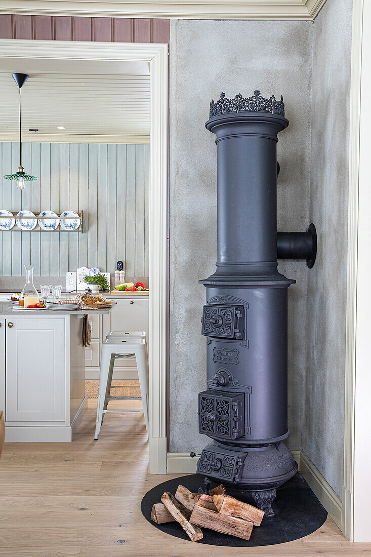 View of country-style kitchen and corner with cast-iron stove