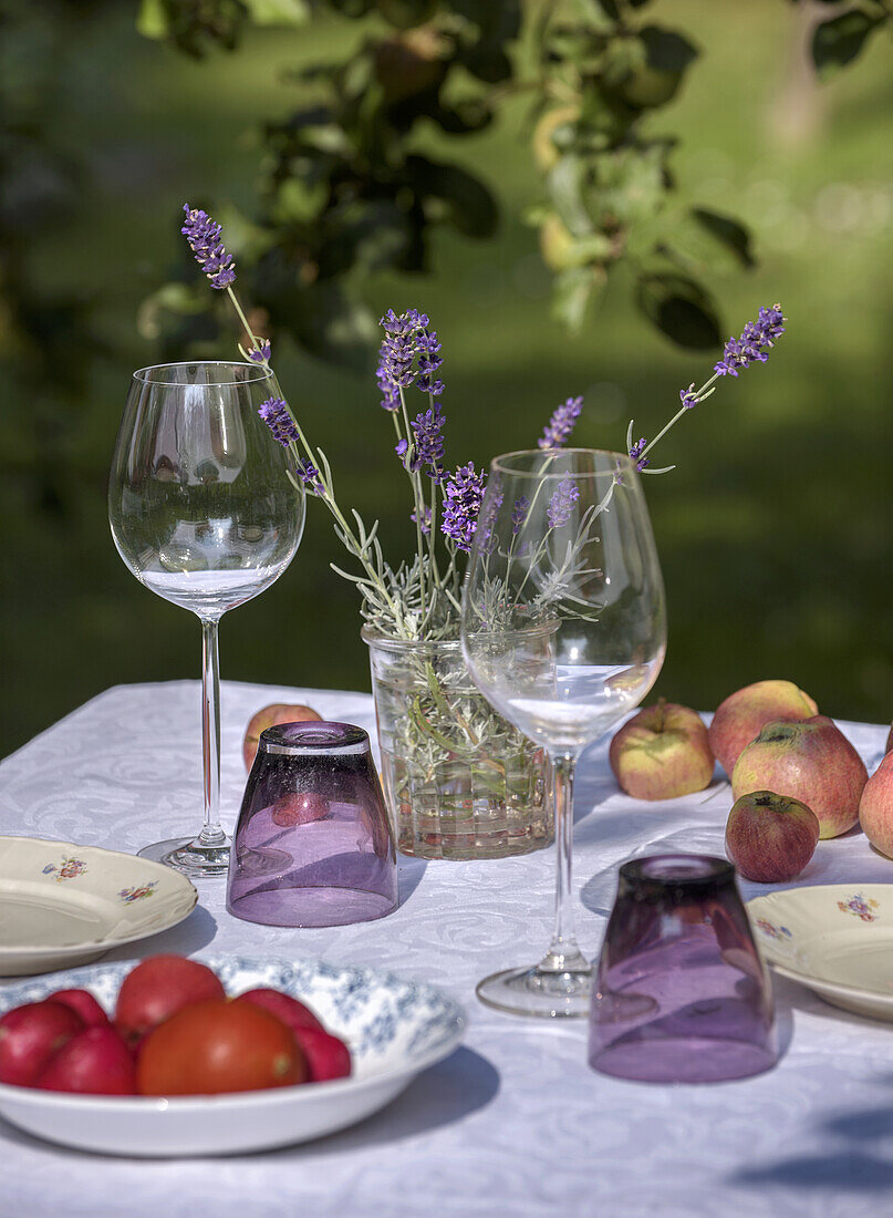 Gedeckter Tisch im Garten mit Lavendel, Obst und Gläsern