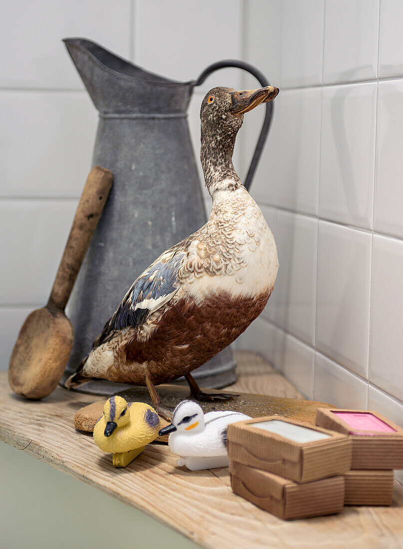 Stuffed duck, zinc jug and bird figurines on a wooden shelf in the bathroom