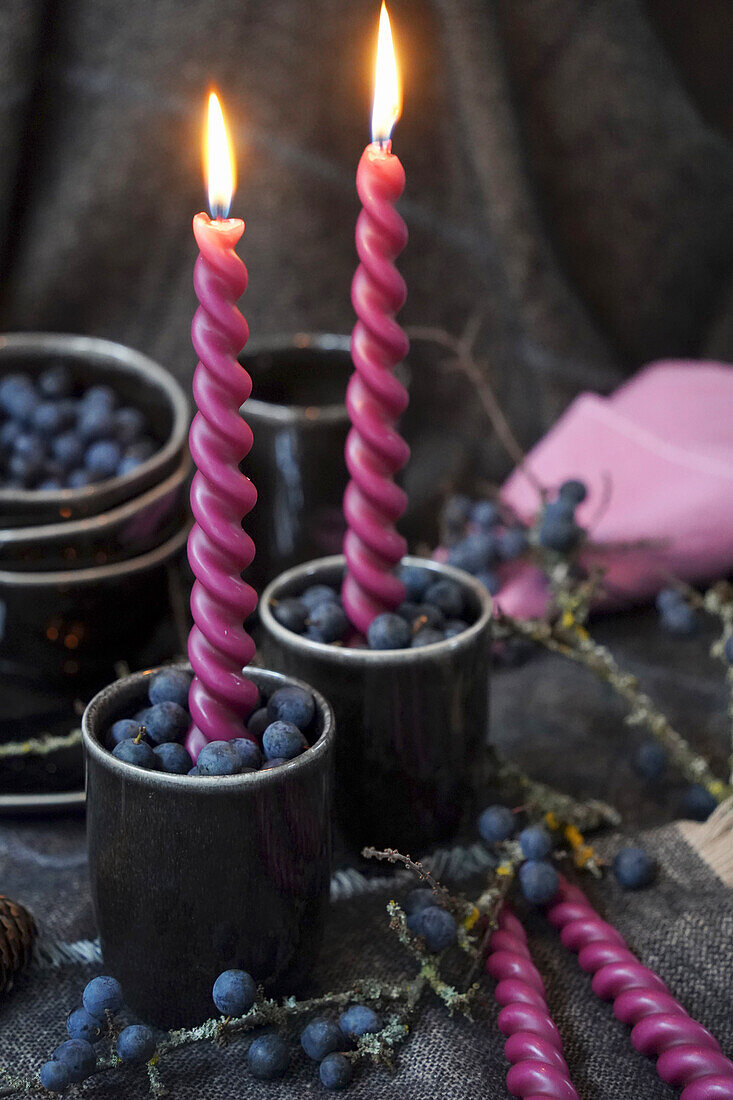 Candle holder filled with fresh sloe berries