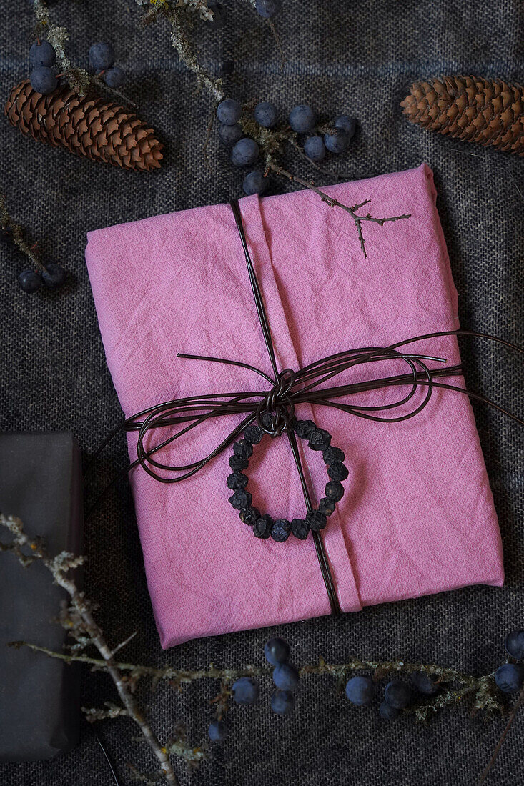 Small sloe berry wreaths for decorating gifts, fabric dyed in sloe decoction