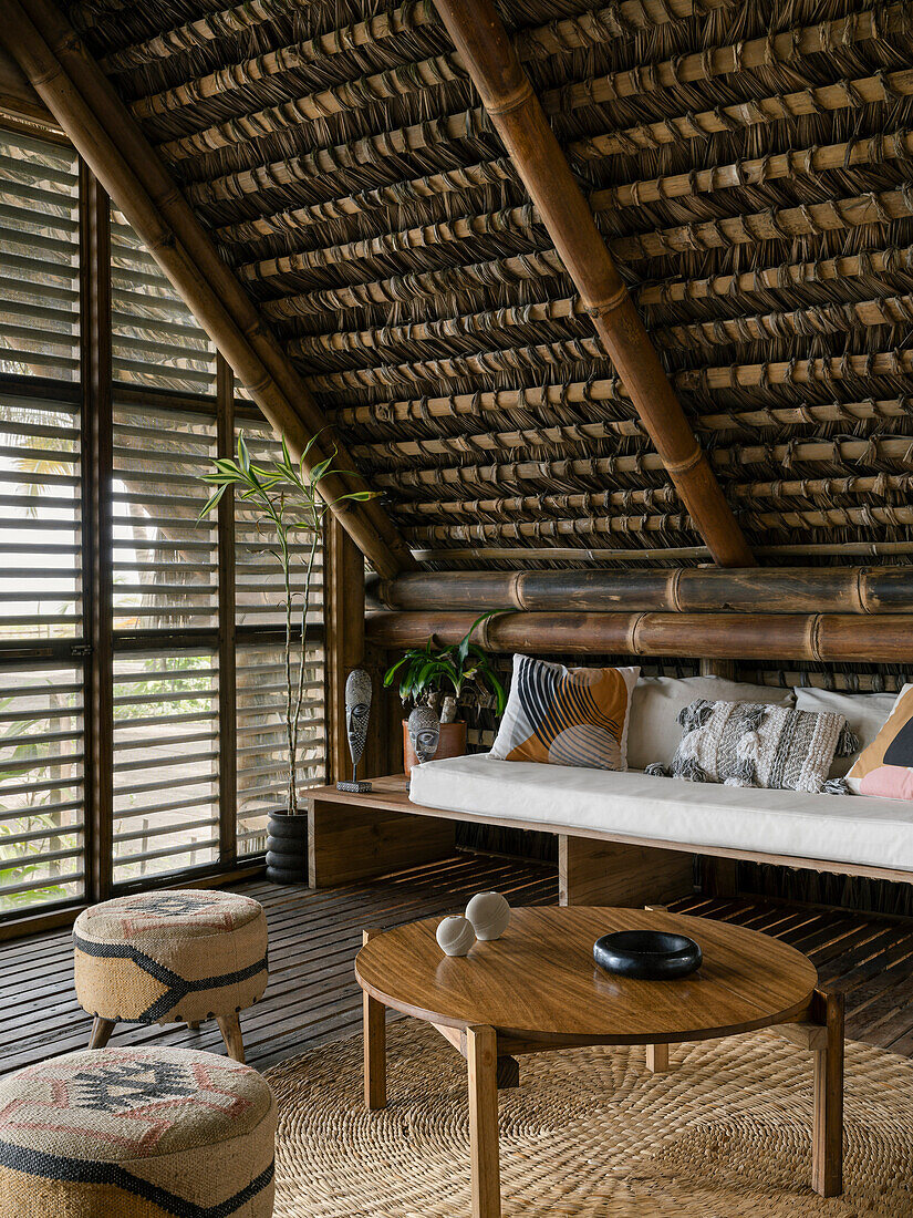 Living area with bamboo construction and woven straw, Casa Toquilla, Ecuador