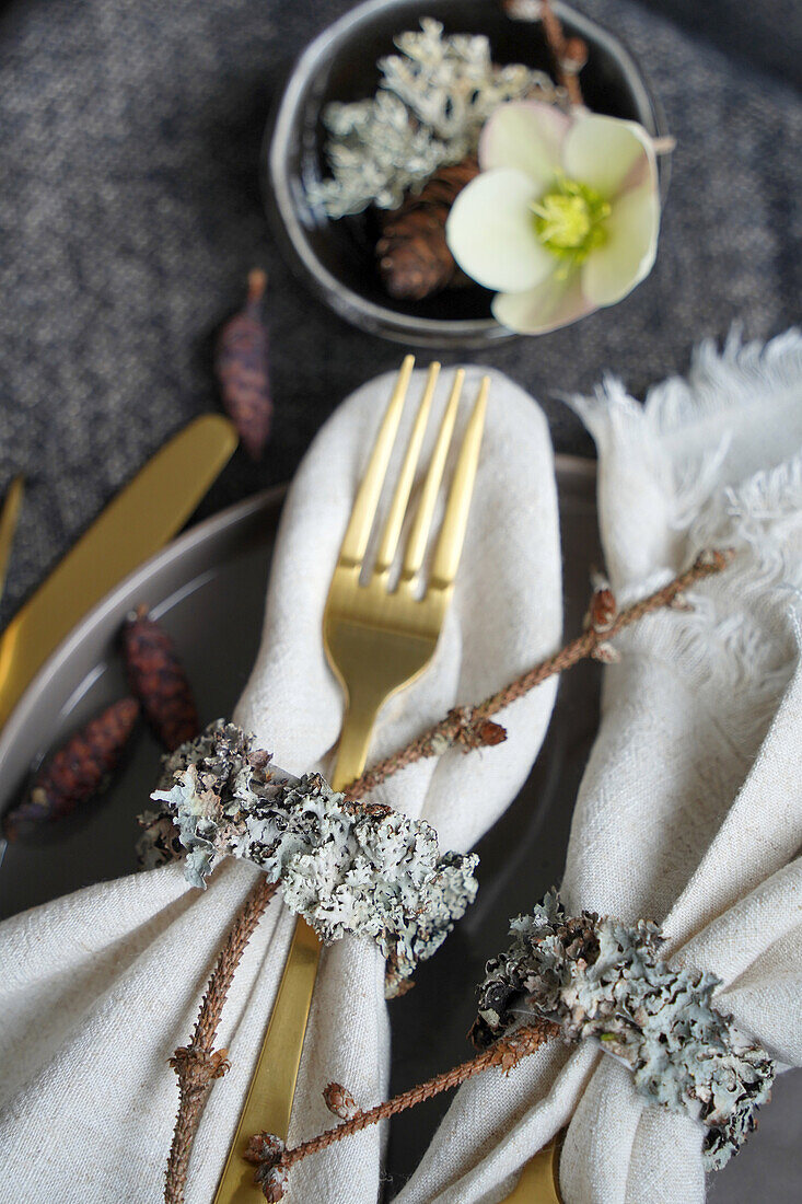 Autumnal table decoration with gold-colored cutlery and moss napkin rings