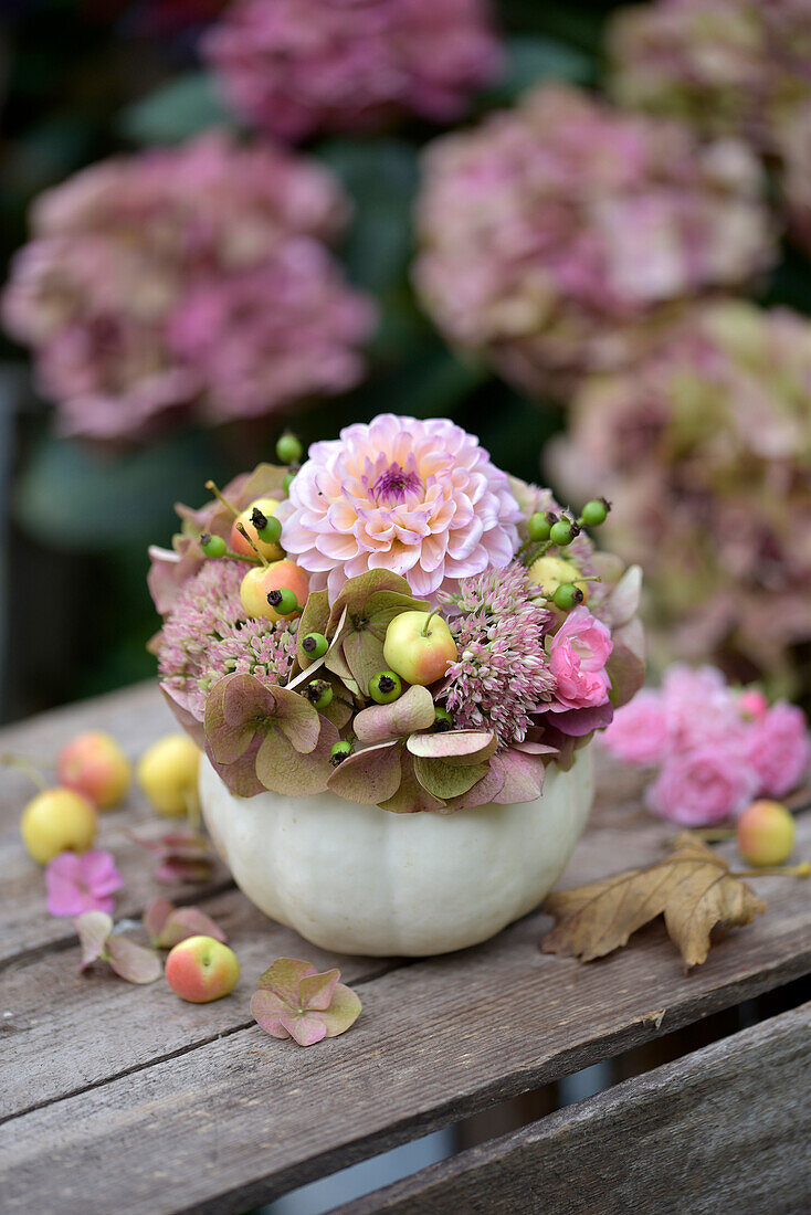Herbstliches Arrangement mit Zierkürbisvase, Hortensienblüten, Dahlien (Dahlia) und Zieräpfel auf Holztisch