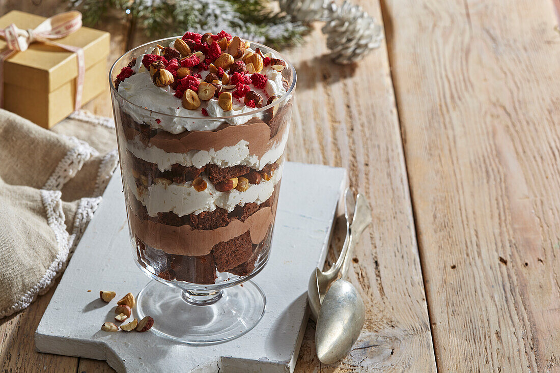 Chocolate trifle with nuts and freeze-dried berries