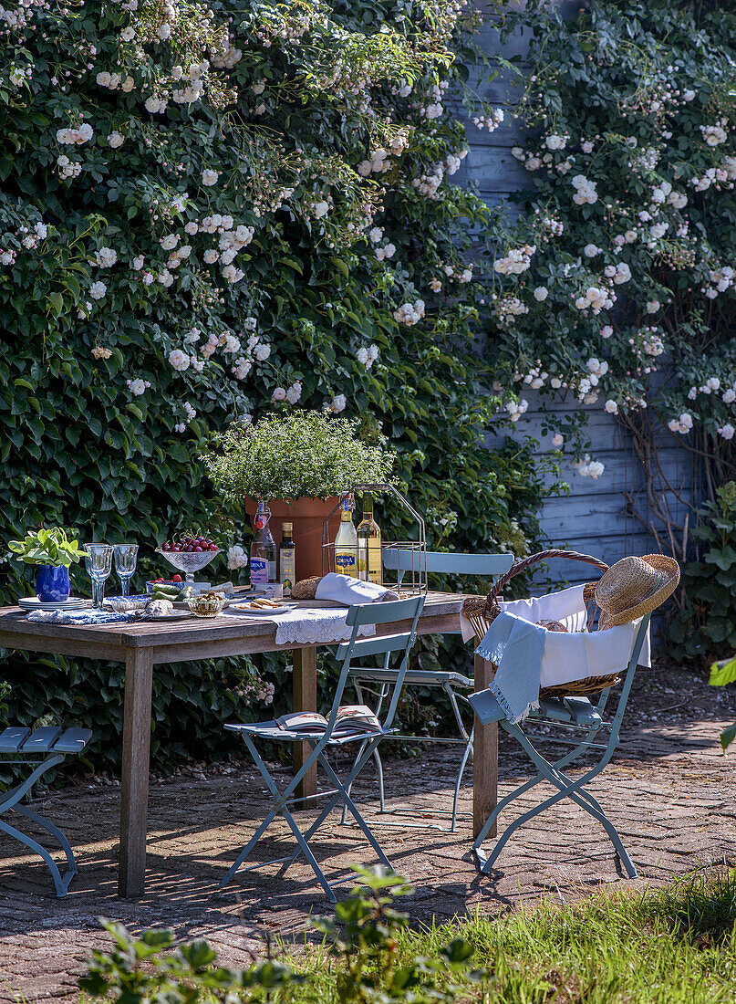 Gedeckter Gartentisch mit Stühlen vor blühender Rosenhecke