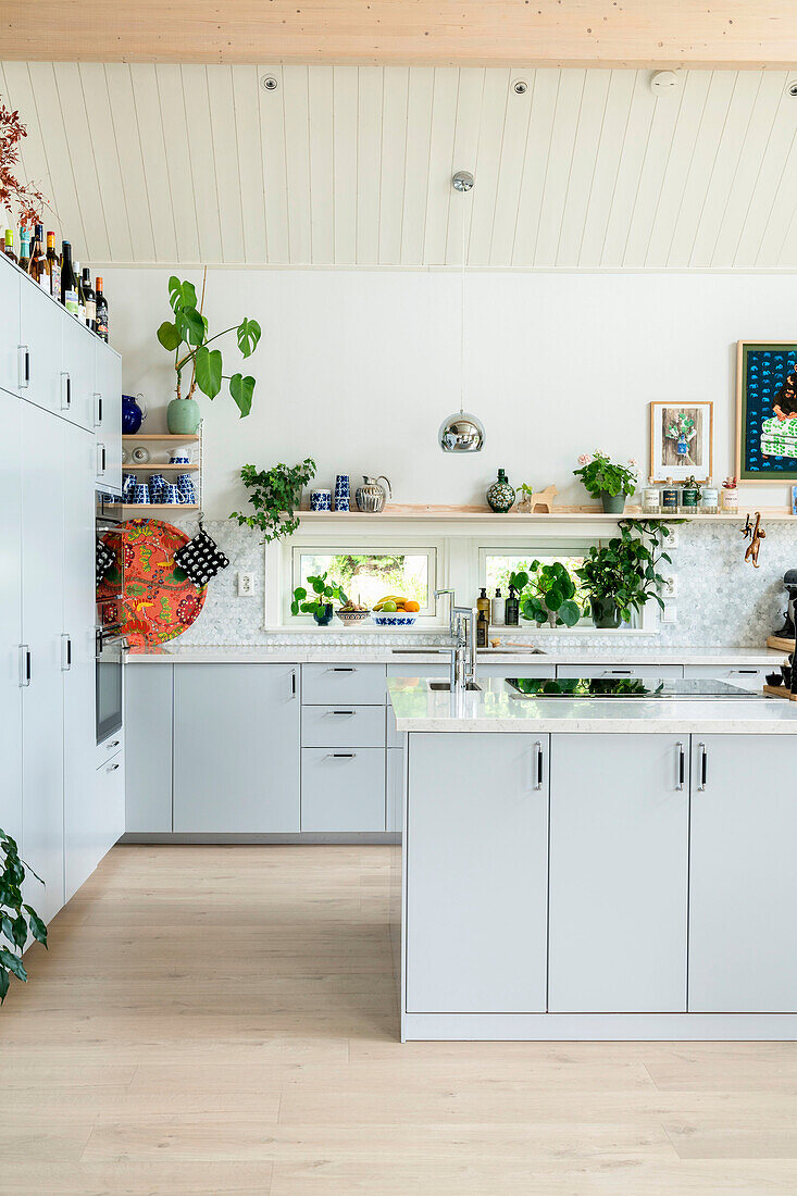 Open-plan kitchen with light-coloured cupboards, plants and shelves