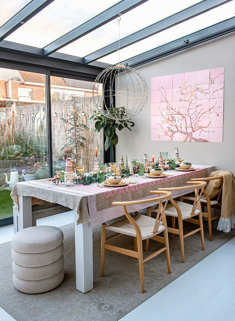 Festively decorated table in the conservatory