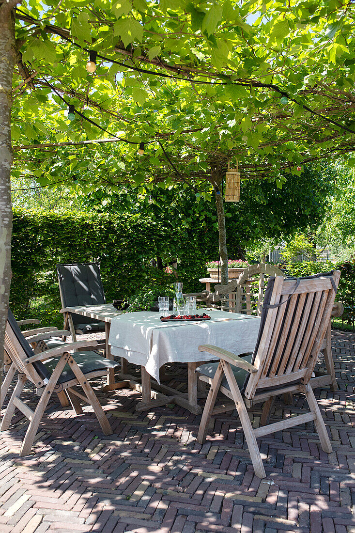 Garden dining area with wooden furniture and shady arbour