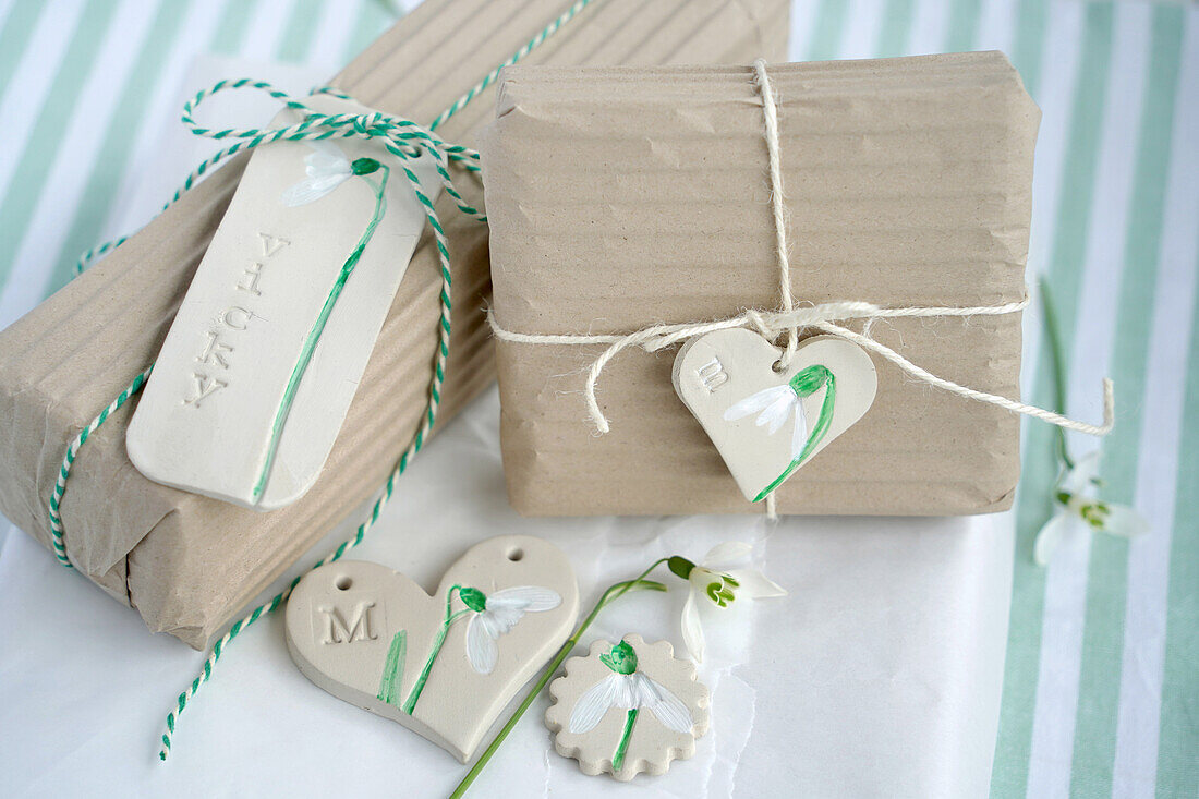 Gift wrapping with personalised clay tags