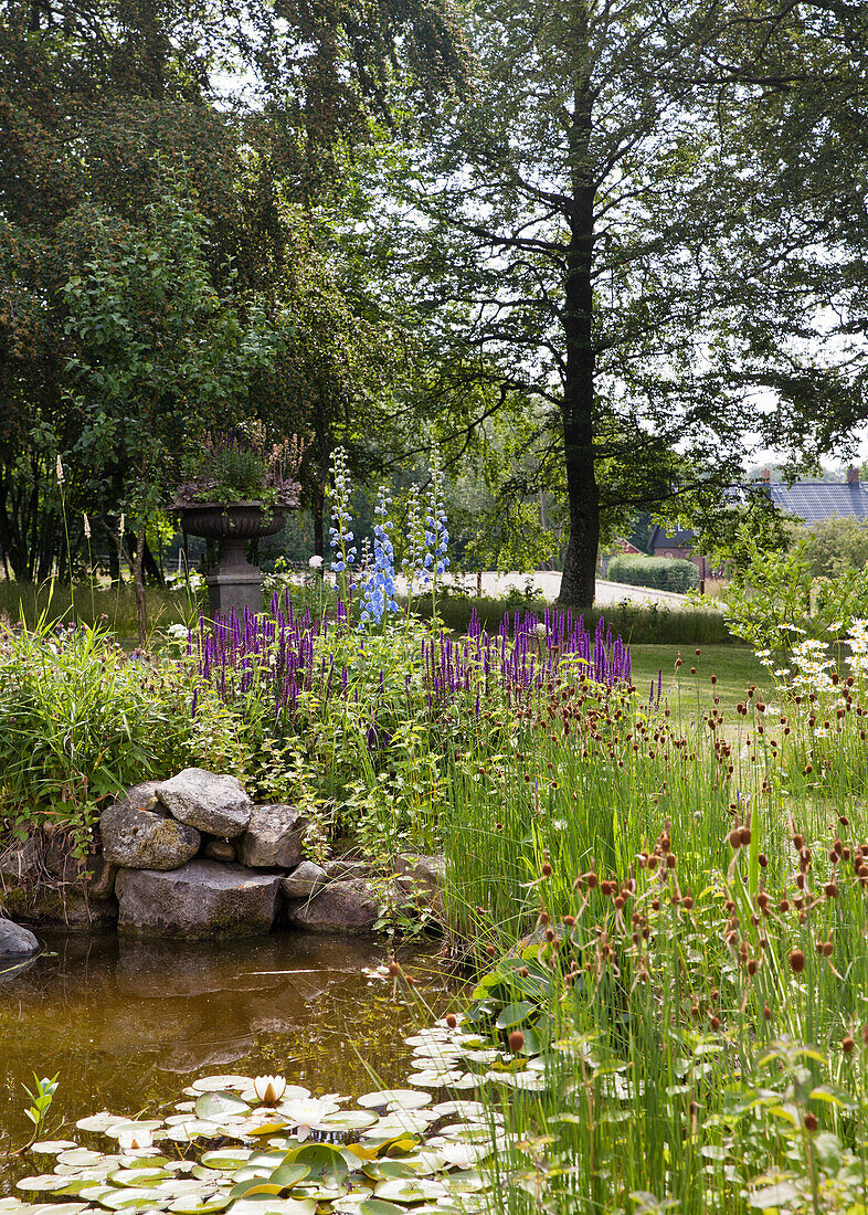 Pond with flowering perennials and trees in summer garden