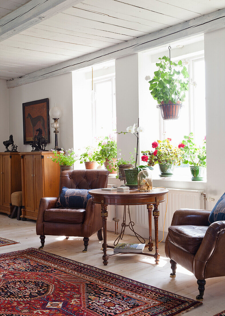 Wohnzimmer mit Ledersesseln, rundem Holztisch und vielen Zimmerpflanzen