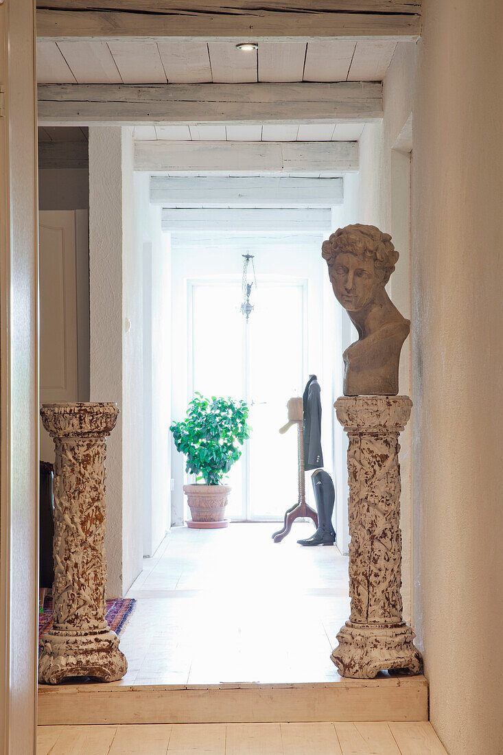 Country-style hallway with old columns and bust