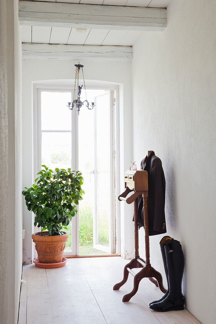 Bright hallway with potted plant, antique coat rack and floor-to-ceiling window