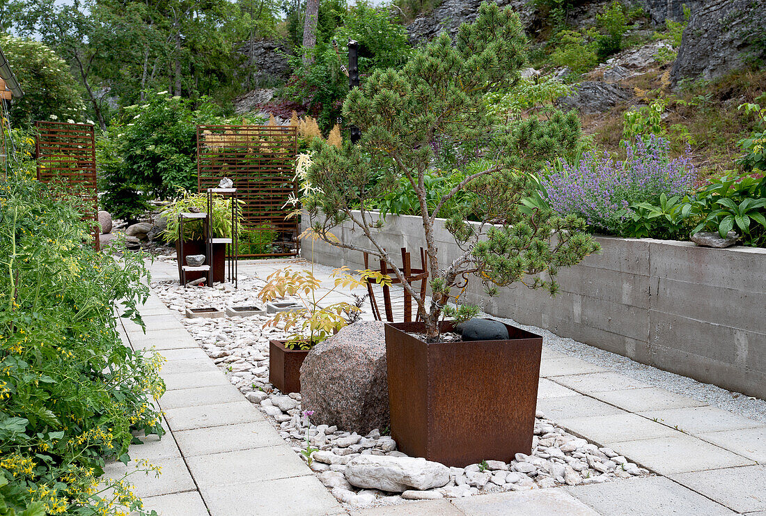 Stone garden path with steel planter boxes