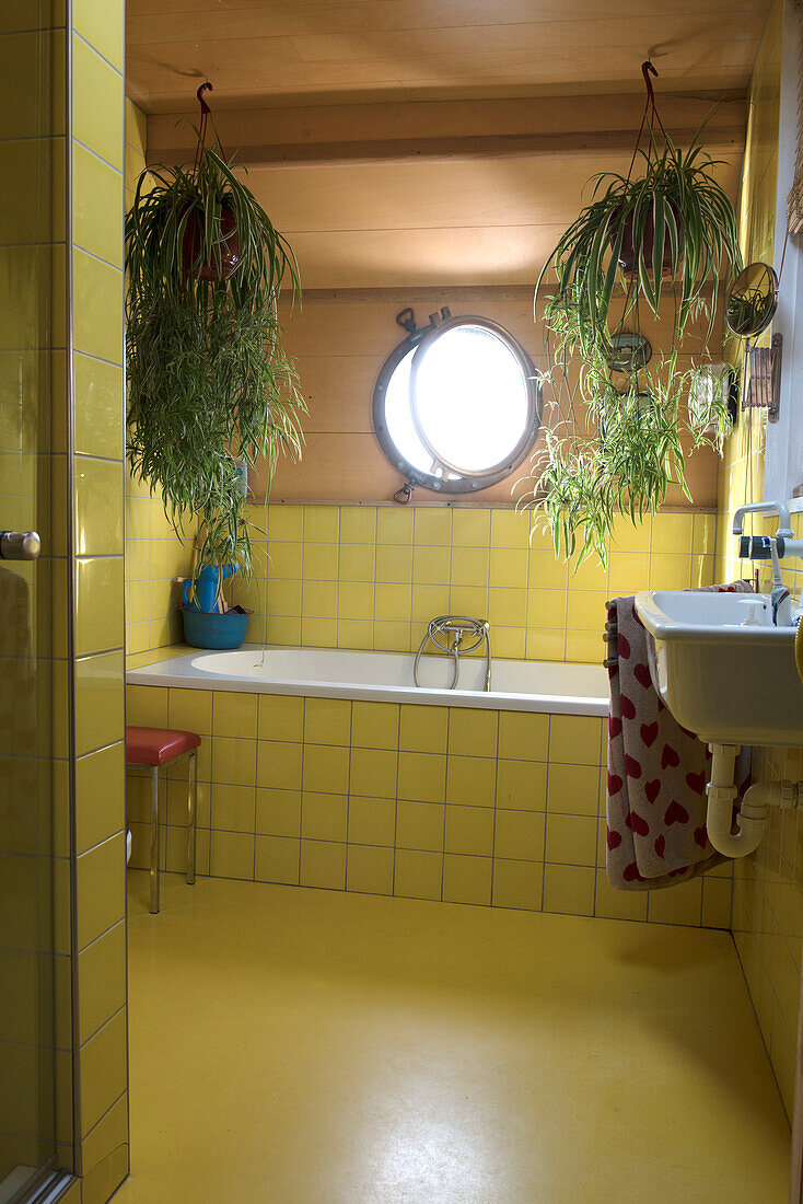 Bathroom with yellow tiles, round porthole window and hanging plants