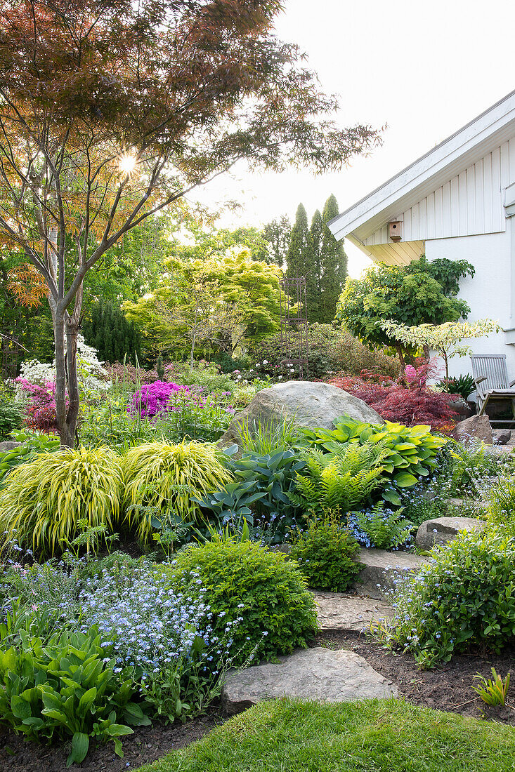 Rock garden with lush planting next to a white house